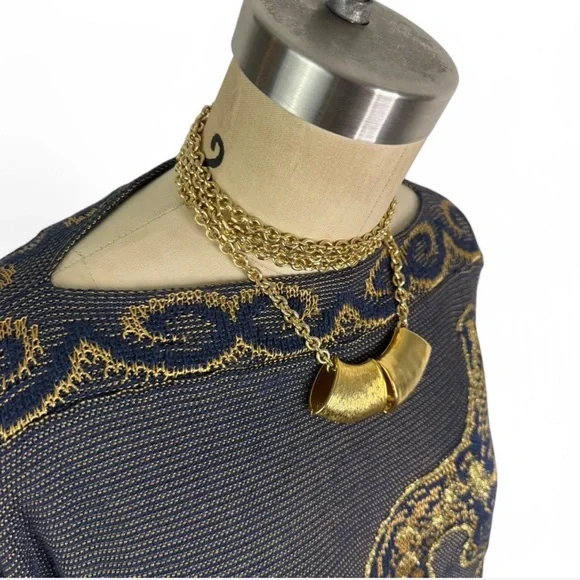 Nautical knit  blue and gold boat neck  long sleeve light weight sweater - Picture 4 of 11